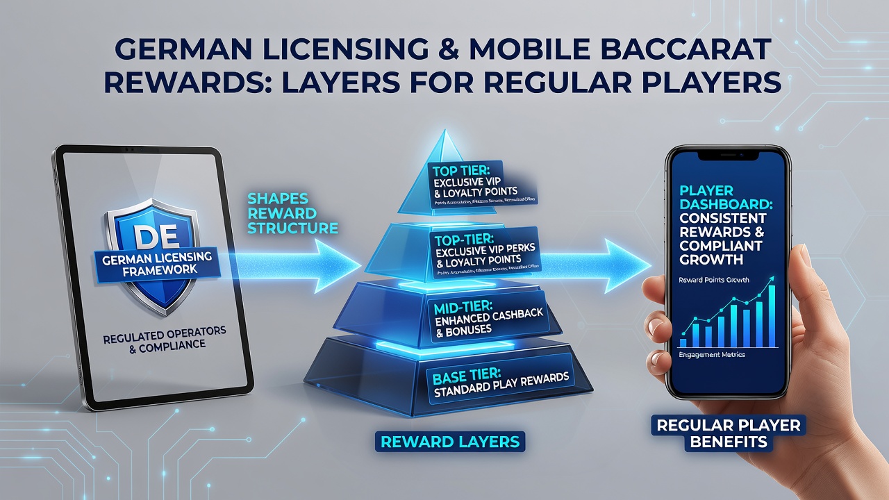 Grafische Darstellung gestaffelter Baccarat-Belohnungsebenen mit mobilen App-Elementen und Lizenzprüfsiegeln