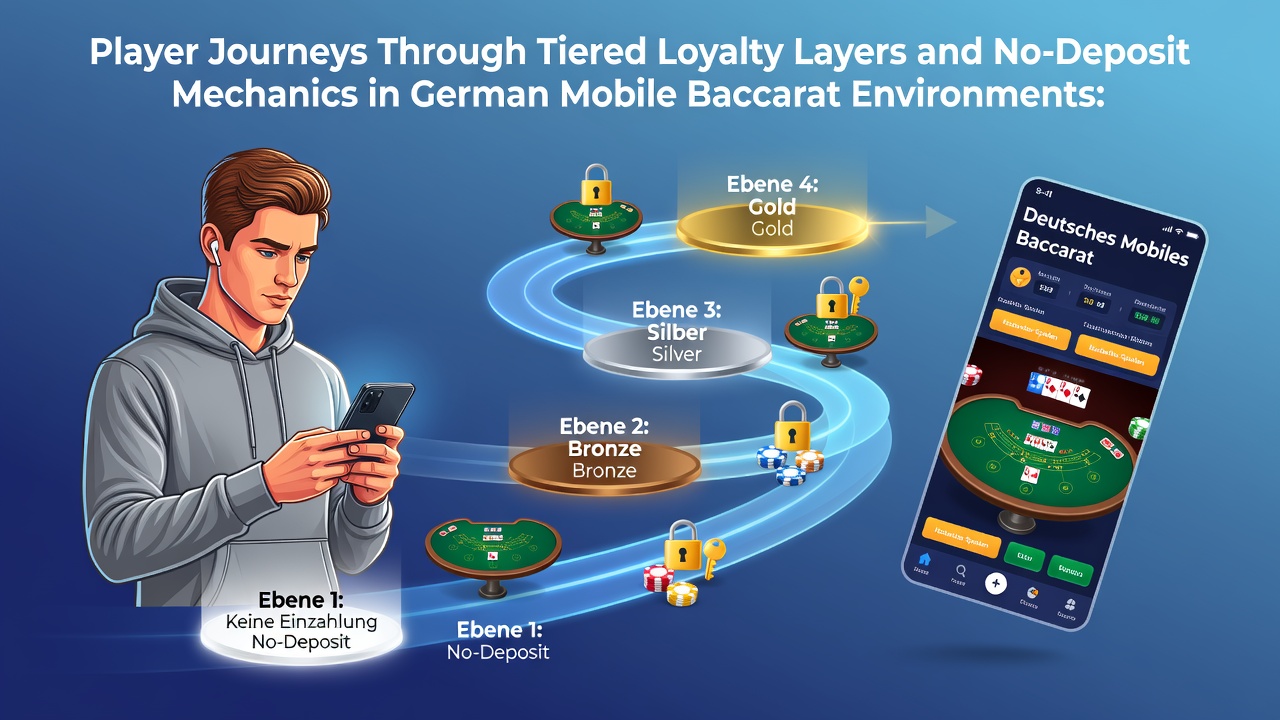 Illustration von gestaffelten Treueebenen und mobilen Baccarat-Spielern in deutschen Casino-Apps