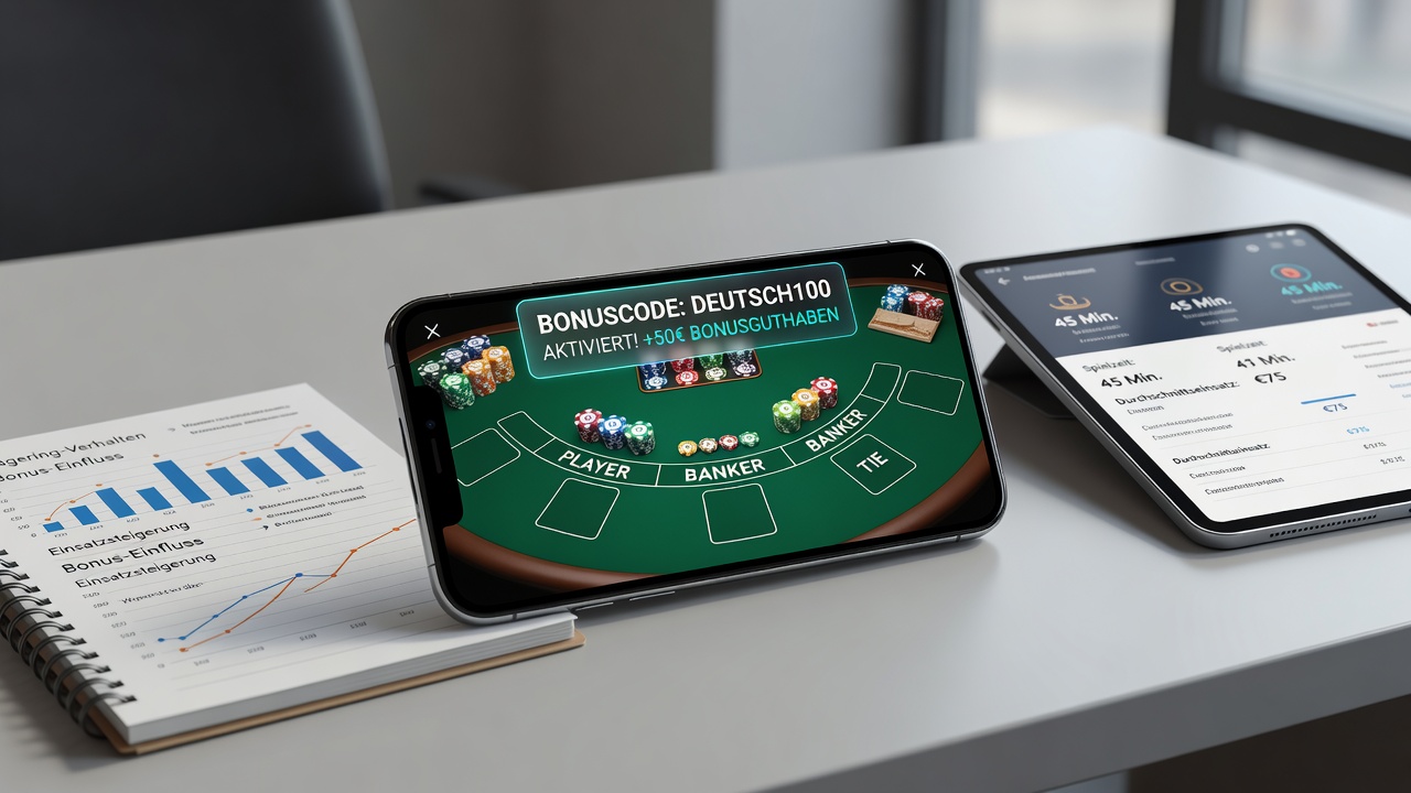 Detailansicht einer mobilen Baccarat-Oberfläche mit aktiviertem Bonus-Code und Wettstatistiken